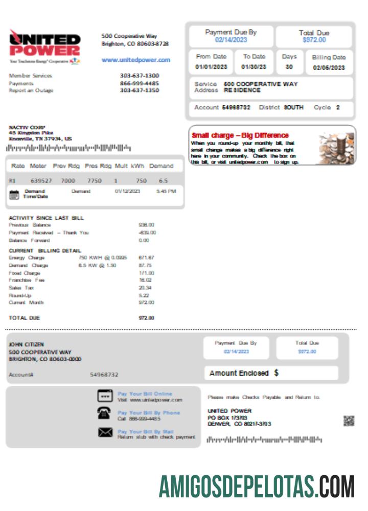 SCR da conta de negócios da concessionária de energia do Colorado United exemplo